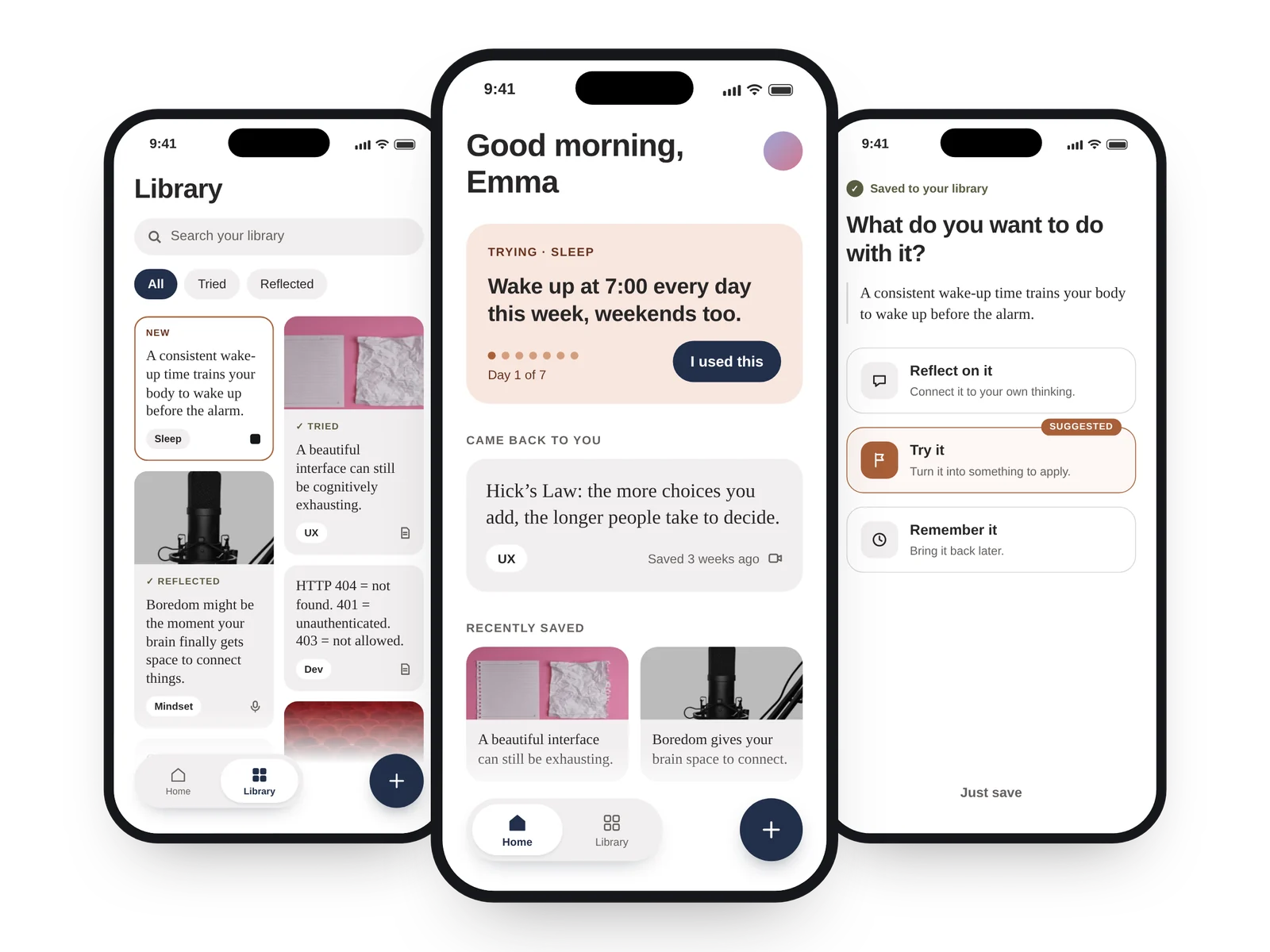 Three echo screens: the Library, the Home screen with an active step, and the choice to reflect on, try or remember a saved insight