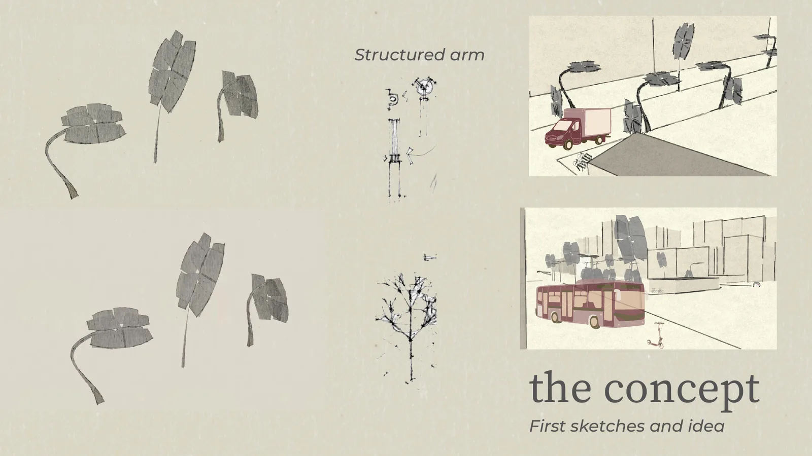 First concept sketches: leaf-shaped trees in different postures, a structural arm detail and two street collages with a delivery van and a bus