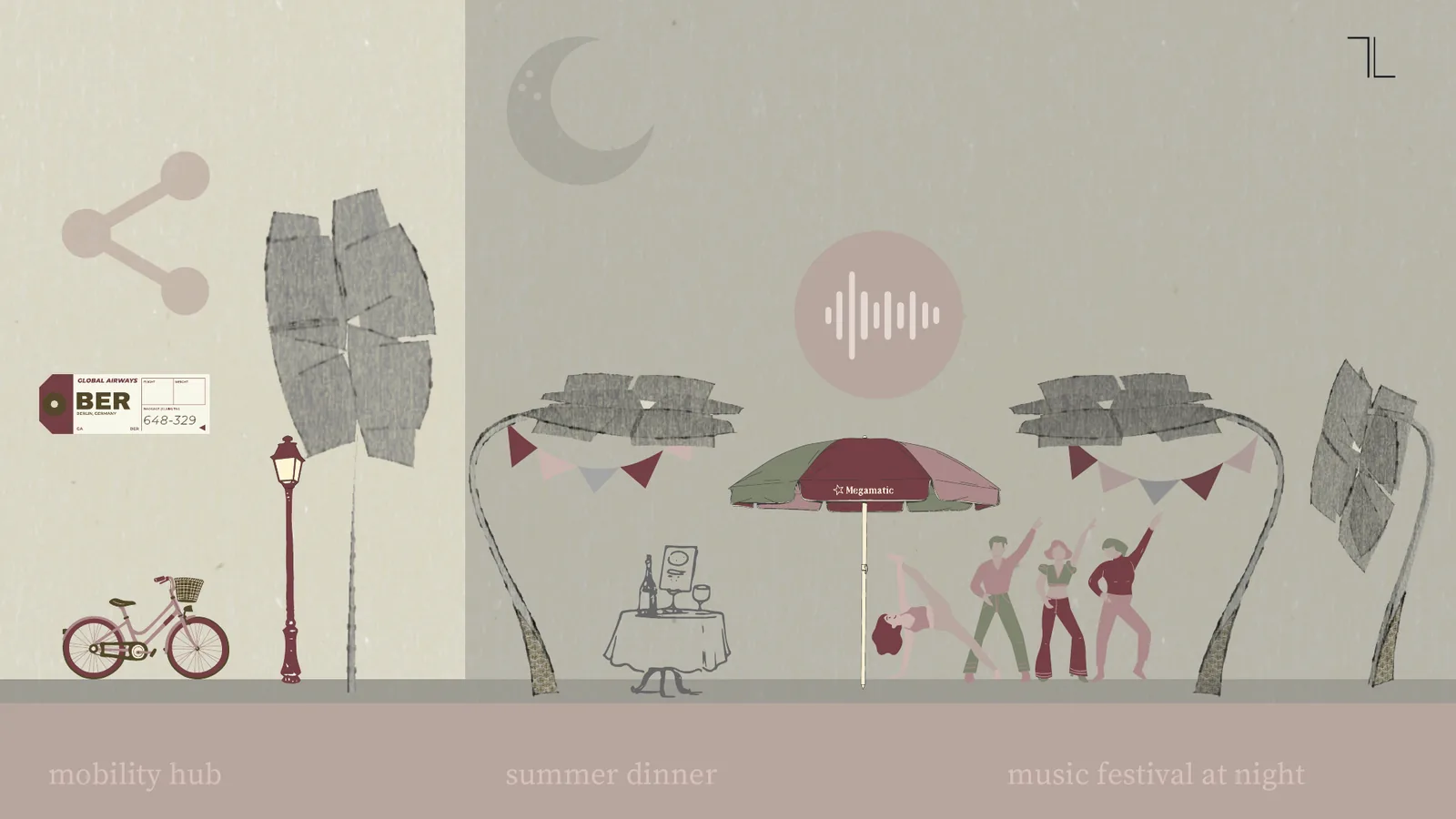 Illustration of the Lingertrees hosting a mobility hub, a summer dinner and a night music festival